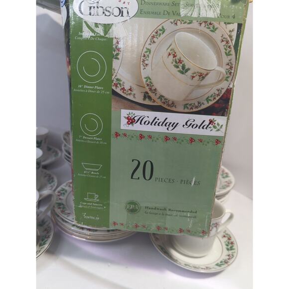 Gibson Holiday Gold Holly Berries Christmas 20 Piece Dinnerware Set Box 2002 - Picture 8 of 8